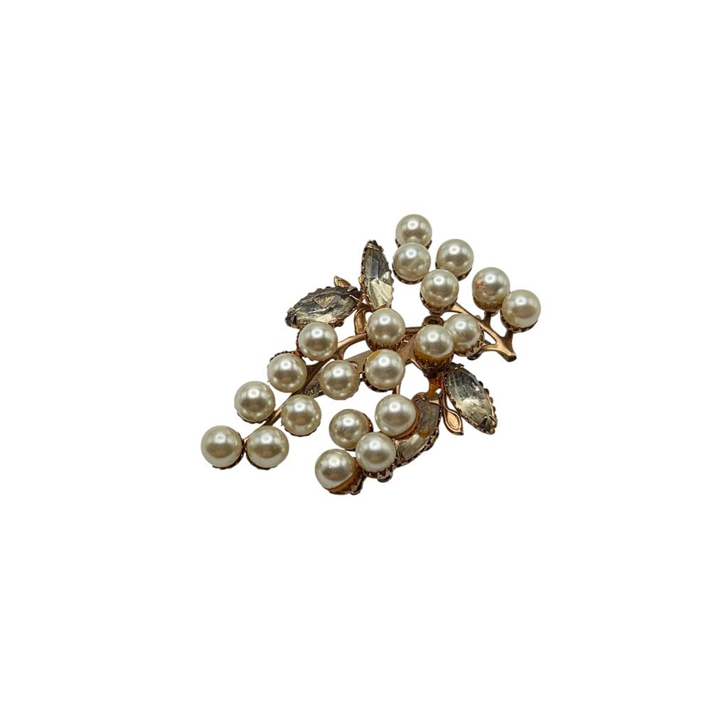 Vintage Faux Pearl Rhinestone Berry Branch Brooch Gold Tone Pin